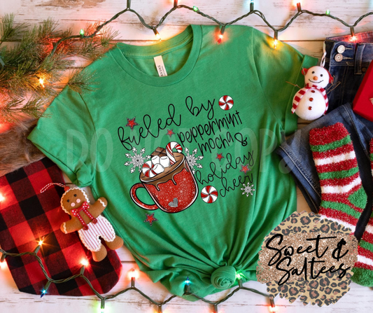 Fueled by peppermint mocha and holiday cheer graphic t-shirt