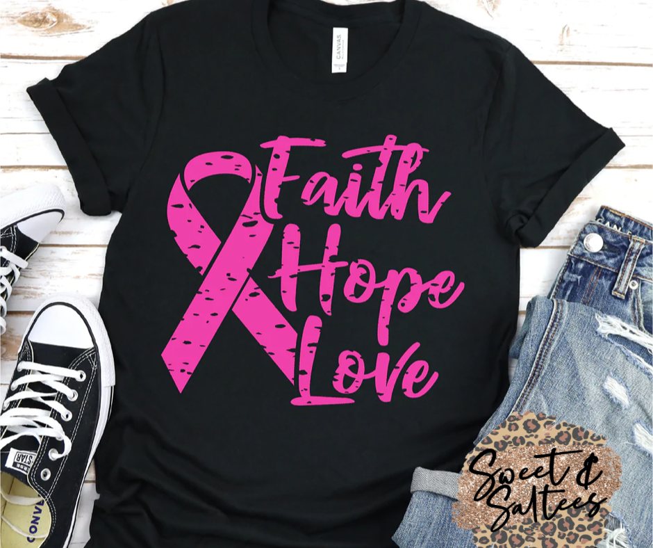 Faith Hope Love pink print breast cancer awareness graphic T-shirt